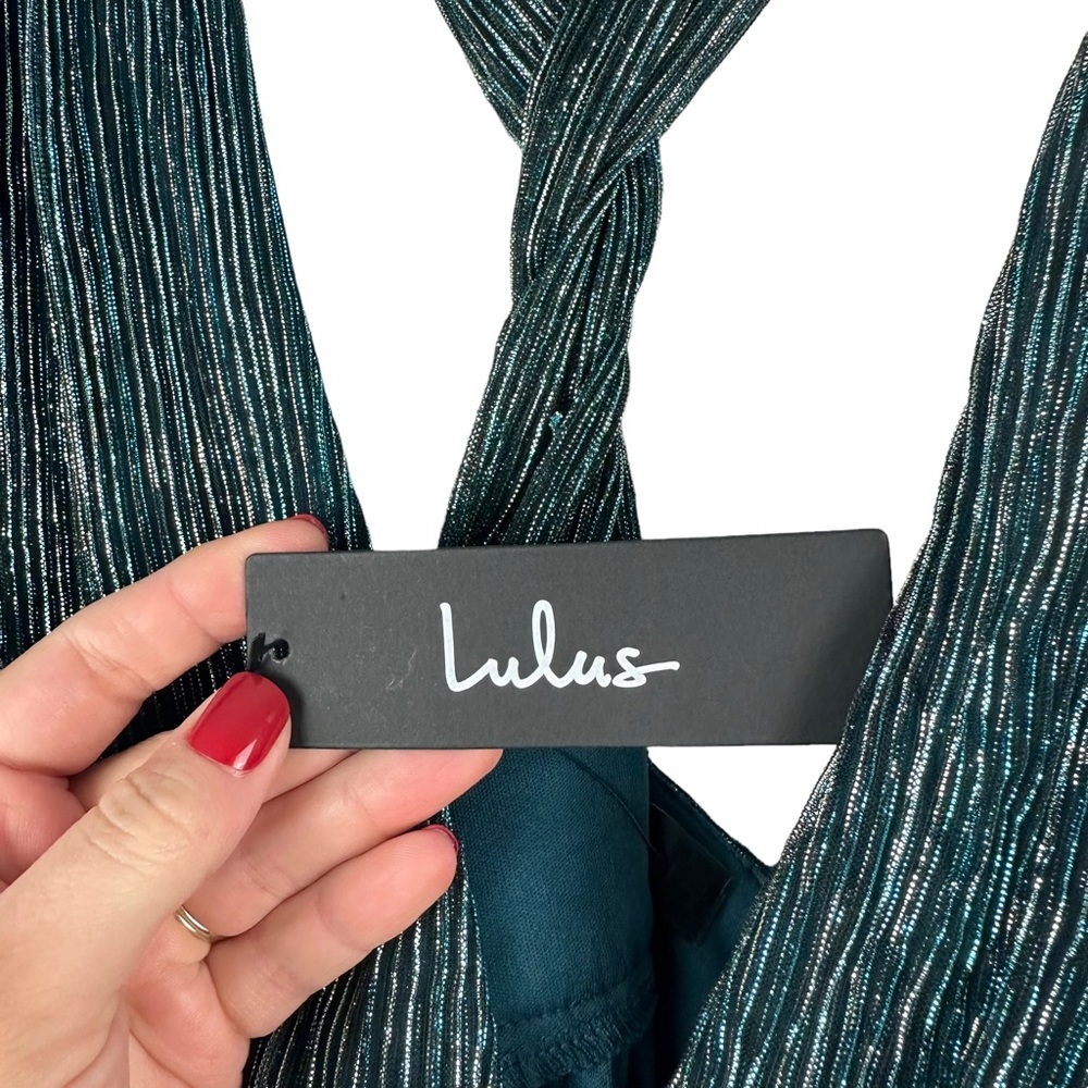 NWT LULUS Sz L Women Ailey Metallic Gold Teal Twist Back Skater Dress L 17D1756 - Picture 5 of 16